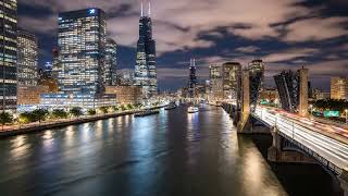 Chicago River at night, glass towers reflecting in water 🌆  No Copyright – Time Lapse