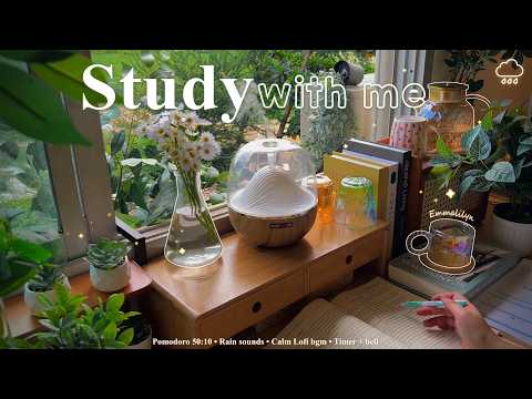🕊️4-HOUR • Cloudy Day • Study With Me • Rain sounds☔+ Calm Piano bgm • Pomodoro 50-10 • Day348⛅