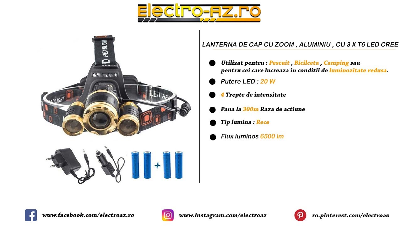 LANTERNA DE CAP CU ZOOM , ALUMINIU ,4 ACUMULATORI INCLUSI CU 3 X T6 LED CREE