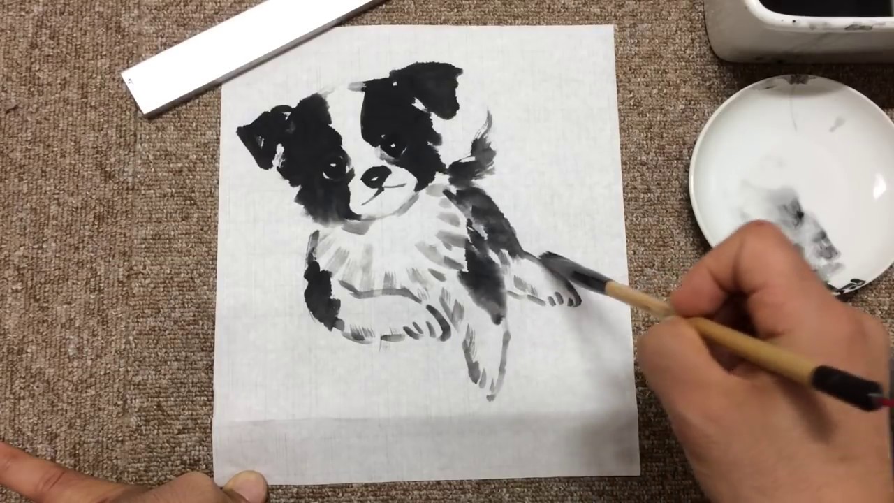 水墨画教室 001 筆の穂先を割って犬の毛並みを描く なるほど 荒井水墨画教室