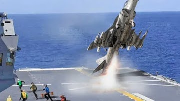 AV-8B Harrier II Showing the Insane Jump Over Aircraft Carrier.