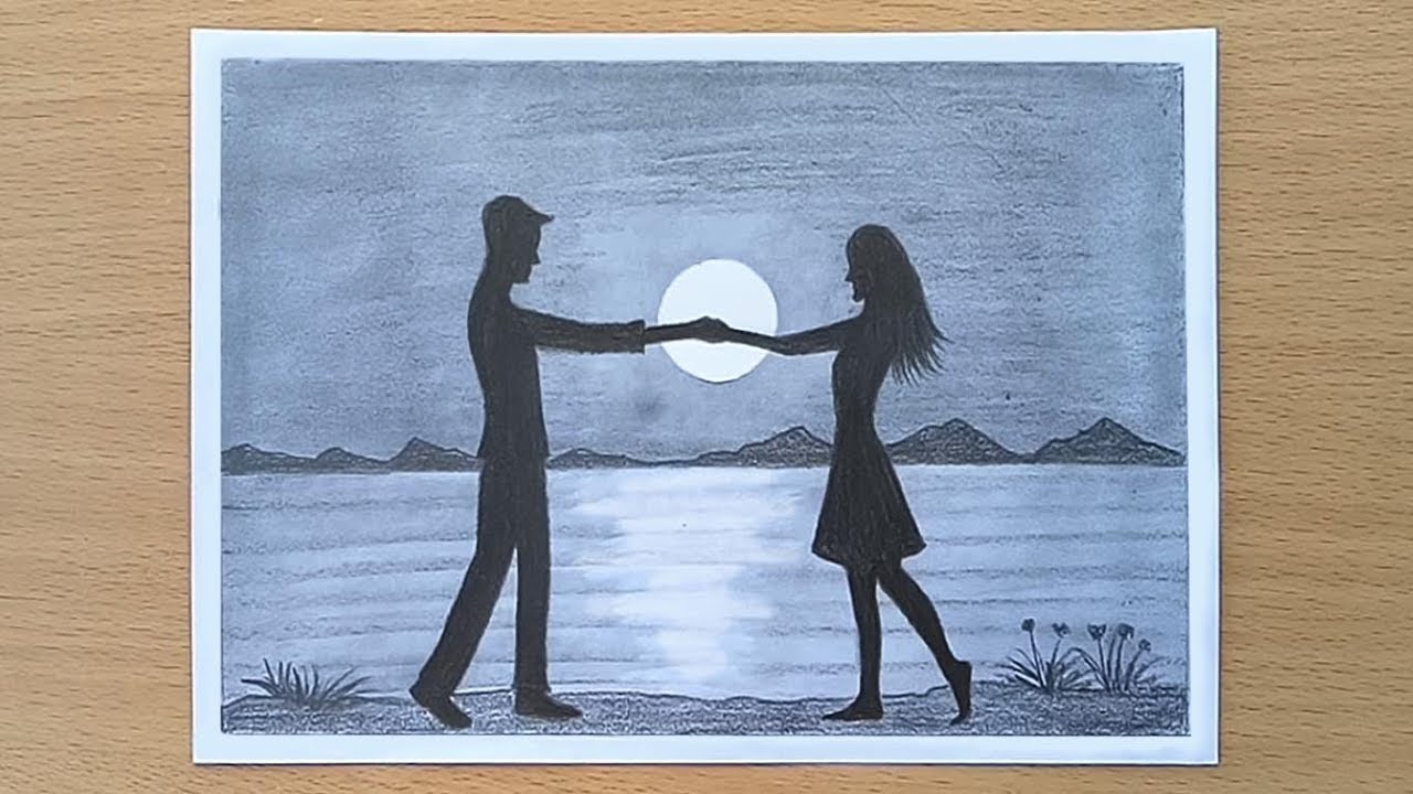 Romantic Couple Night Scenery Drawing With Pencil Step By Step