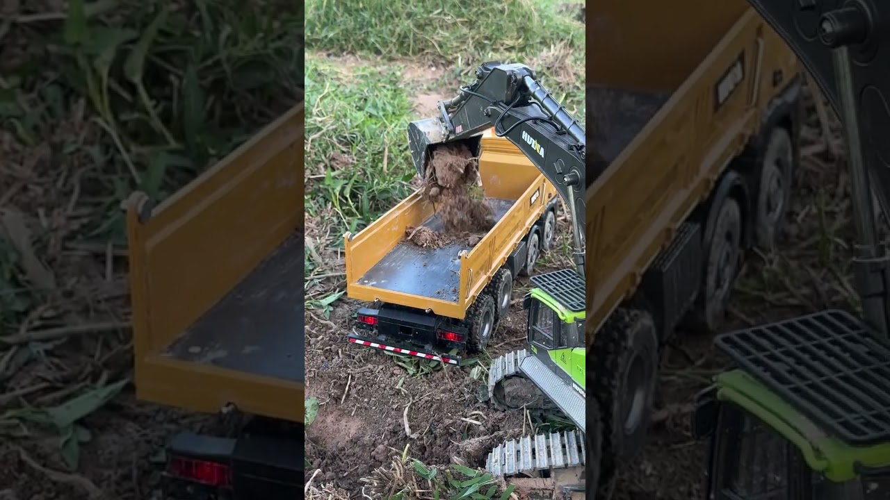 Excavator Huina 1953 dig in Green Field #rc #automobile #subscribe