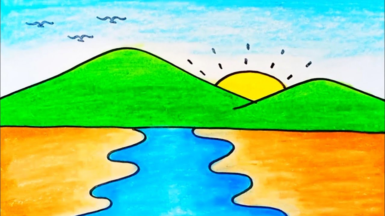 How to Draw River Scenery Easy Step by Step |Drawing River Scenery for ...
