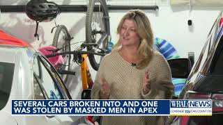 Several cars broken into and one stolen by masked men in Apex