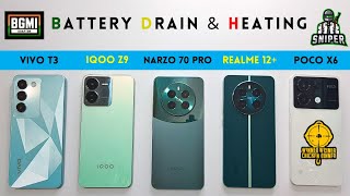 *BGMI* Battery Drain & Heating Test | VIVO T3 vs iQOO Z9 vs Narzo 70 Pro vs Realme 12+ vs POCO X6🏆