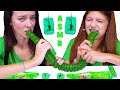ASMR GREEN FOOD PARTY (GIANT GUMMY WORM, JELLO CUPS RACE, SOUR CANDY SPRAY)