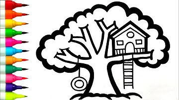 TREE HOUSE Drawing || How To Draw A Tree House Easy Step by Step | Big Tree Drawing House Drawing 🌳🏠