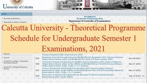 Calcutta University - Theoretical Programme Schedule for Undergraduate Semester 1 Examinations, 2021