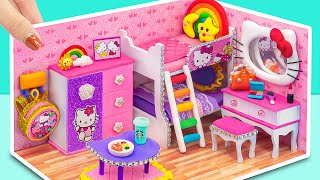 DIY Miniature House Building Hello Kitty Pink Bedroom with Bunk Bed، Makeup Set من Polymer Clay