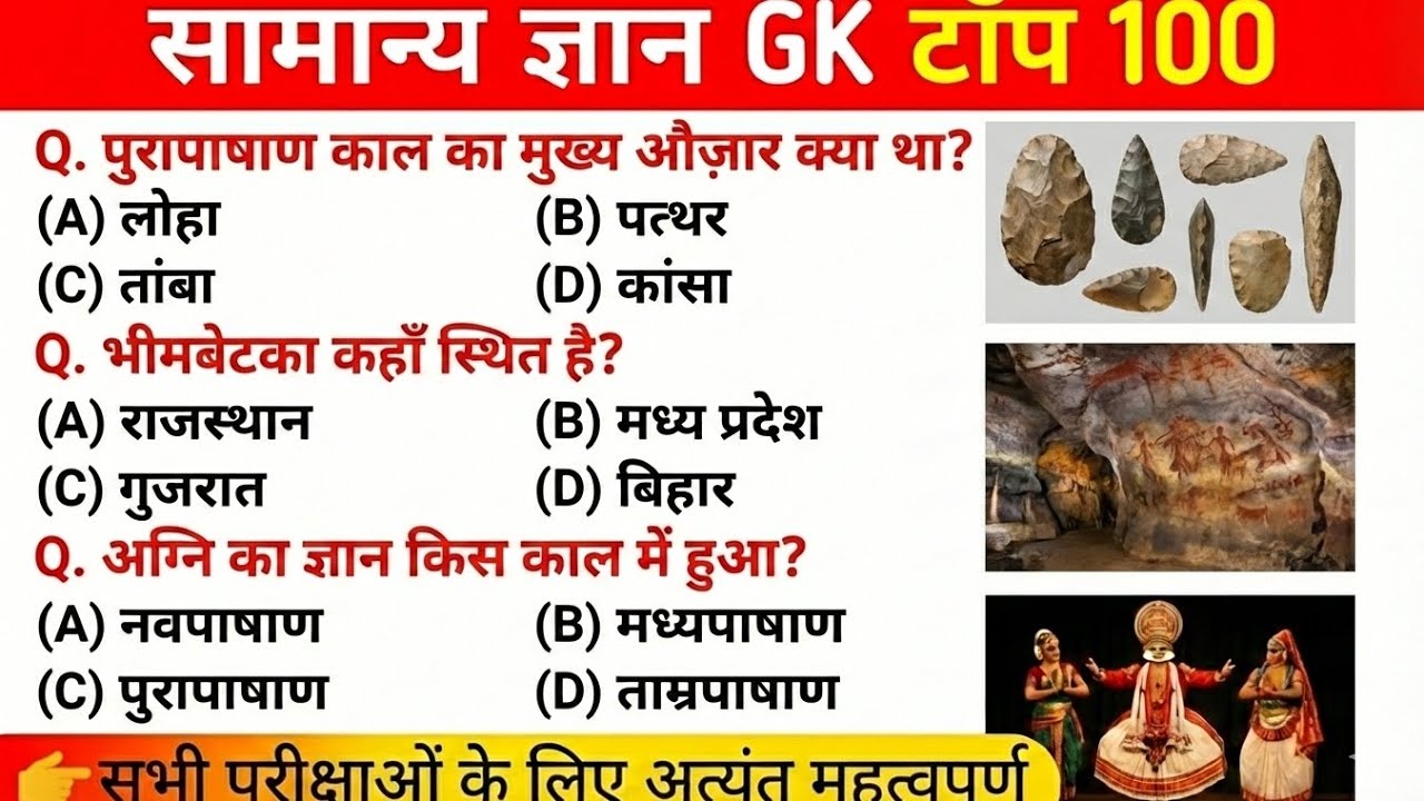 प्रागैतिहासिक भारत | Prehistoric India | 100 महत्वपूर्ण MCQ | GK GS | प्रतियोगी परीक्षा