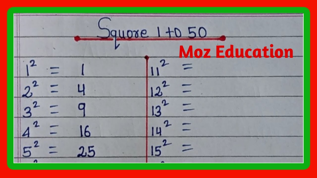 Square 1 to 50 1 to 50 square root square 1 to 50 tak