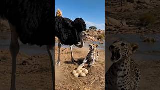 Ostrich Protects Its Eggs from a Leopard