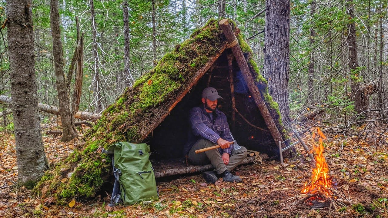 Bushcraft Moss Shelter Primitive Build Cook Steak On Coals Raised