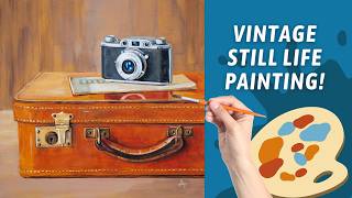 Vintage Camera and Suitcase Still Life | Acrylic Painting Tutorial! Warm and Nostalgic Painting