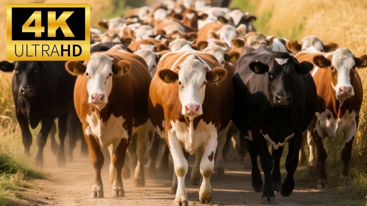 Cows Mooing & Grazing in a Green Field 🐮🐄 | Relaxing Cow Video in 4K