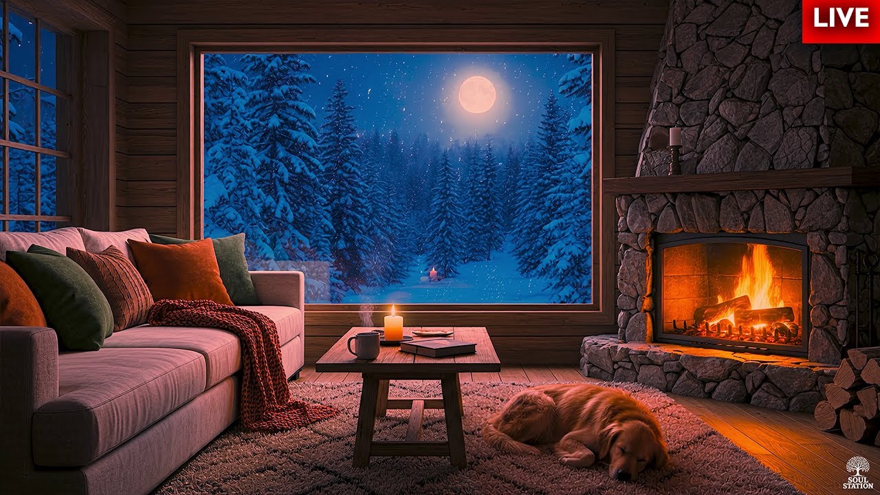 Cozy Winter Cabin Night  | Peaceful Fireplace Ambience & Soft Snowfall
