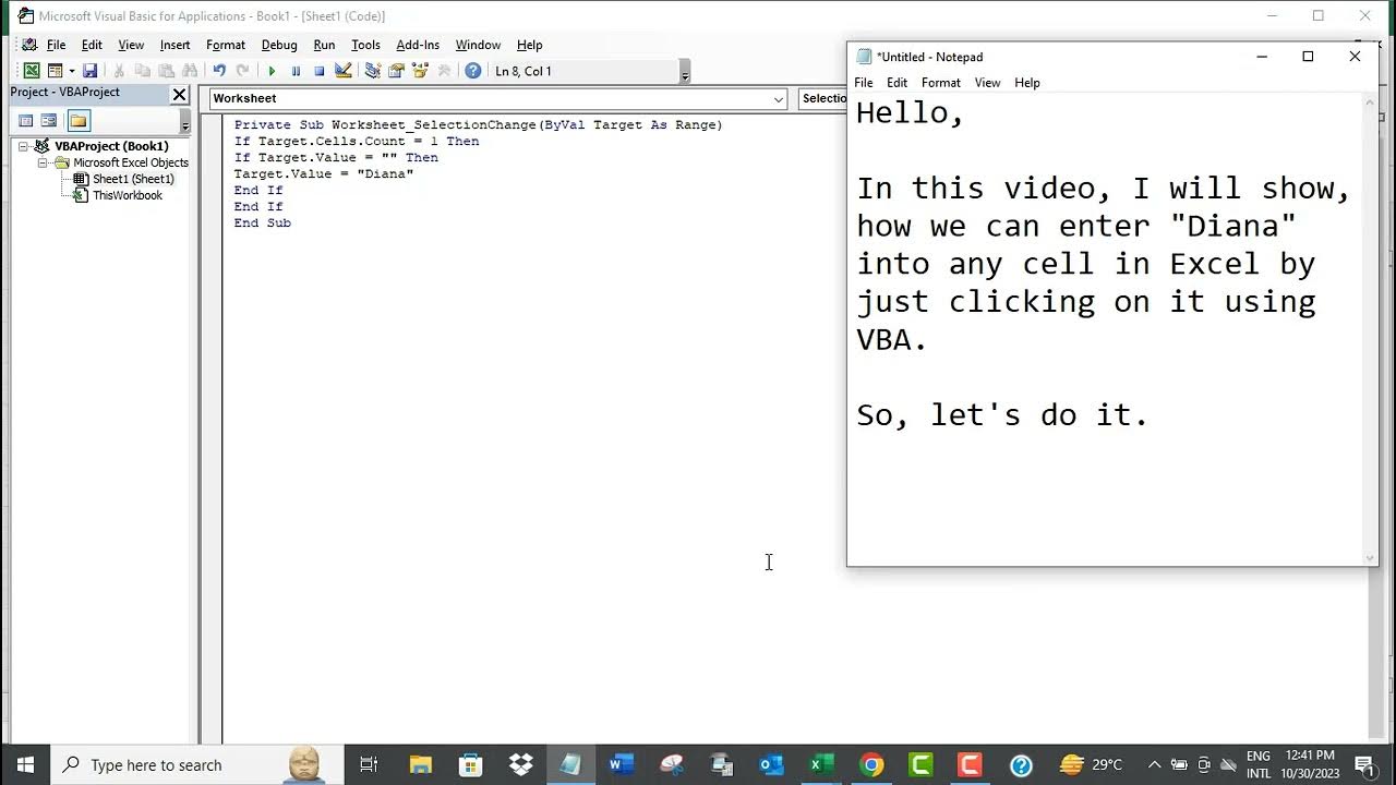 Enter diana into any cell in excel by just clicking on it using vba