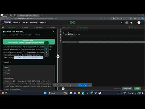 Maximum Sum Problem GFG POTD PYTHON solution geeks for geeks problem of the day python solution DP