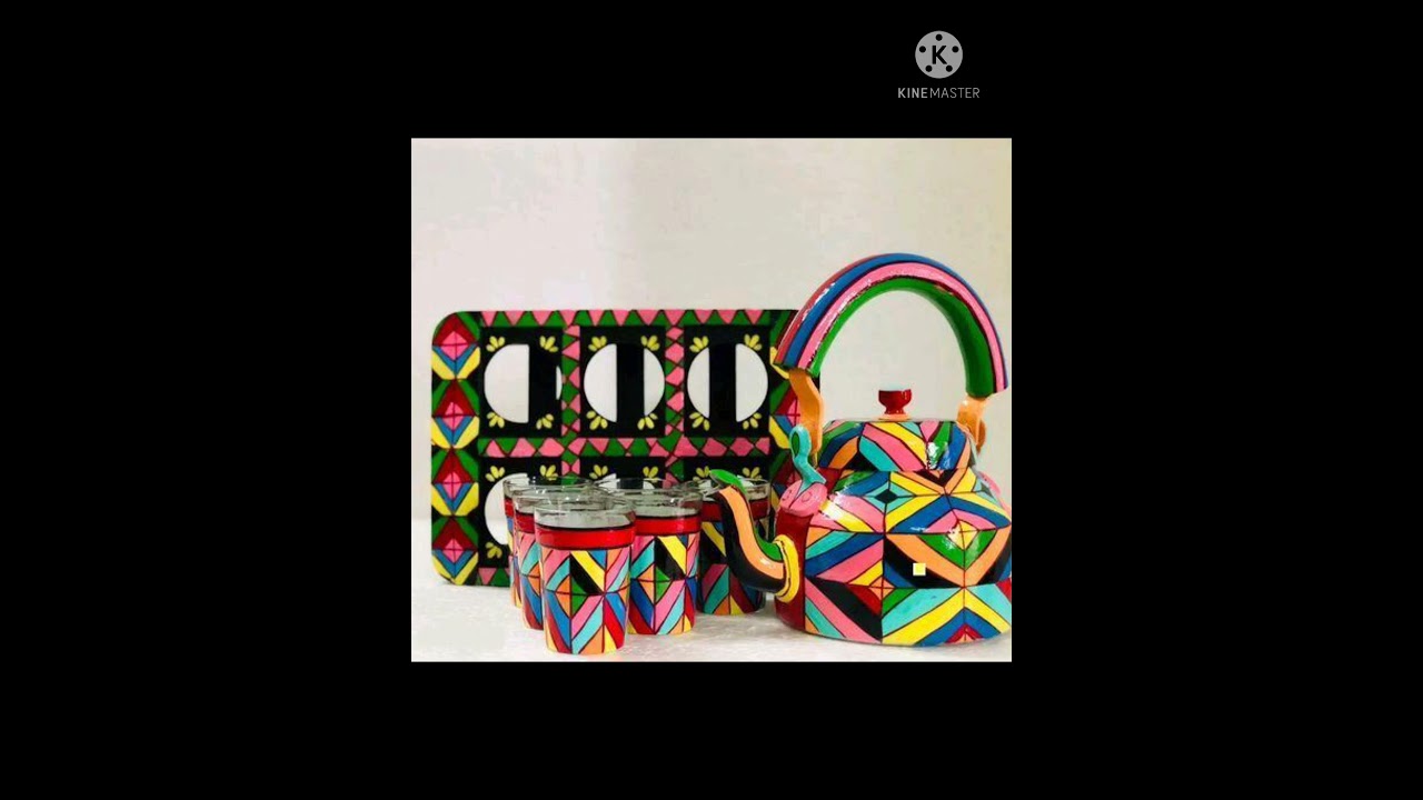 Hand Painted Tea kettles with 6 Glass sets and wooden Cart.