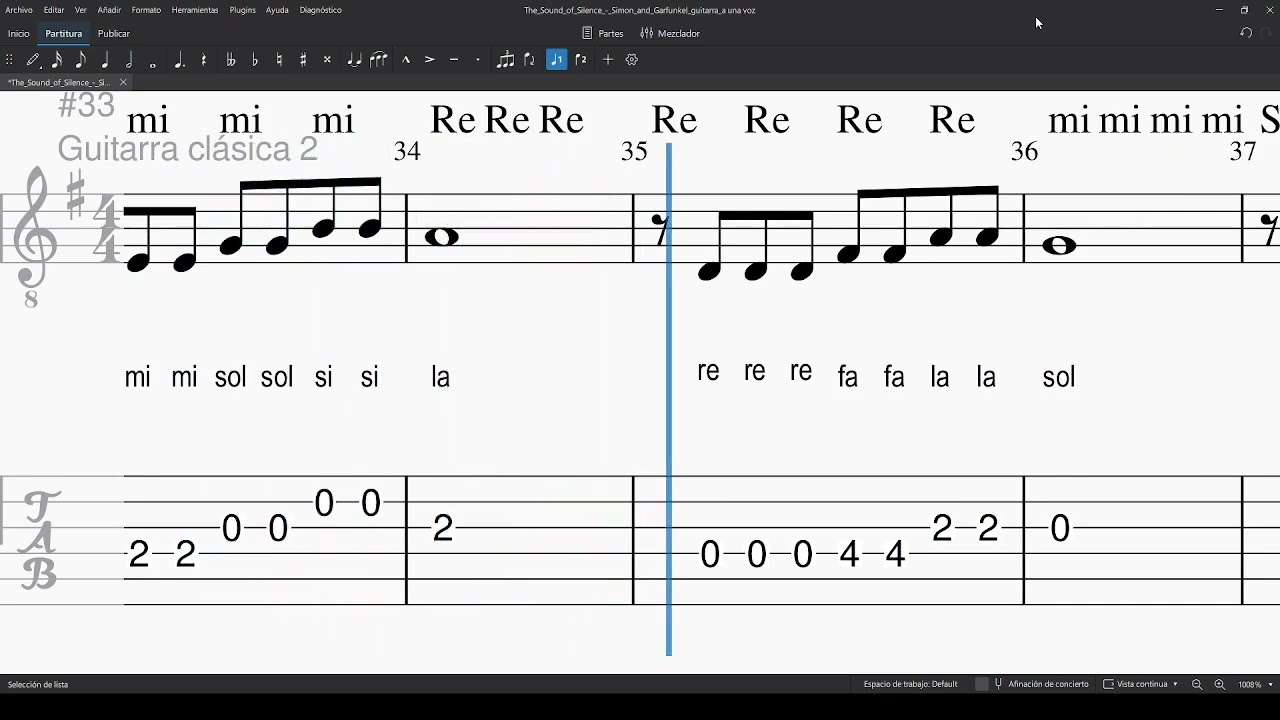 The Sounds of Silence, video partitura: solfeo con tablatura y acordes