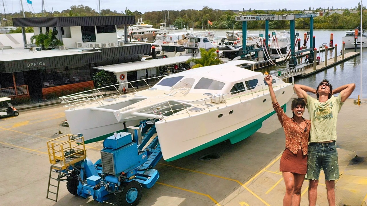 ⁣The Moment We’ve Worked 82 Days For…Launching our Abandoned 57ft Catamaran!!!