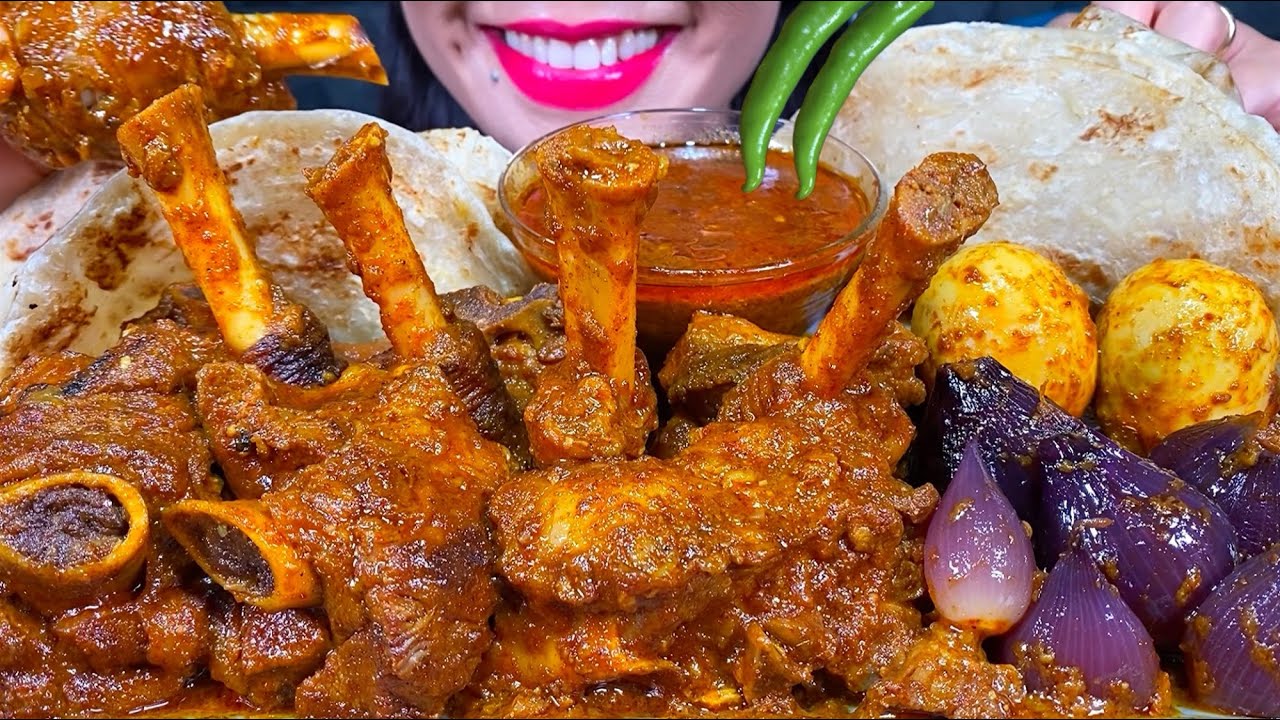 ASMR SPICY MUTTON CURRY, EGG CURRY, ONION CURRY, PARATHA MASSIVE Eating Sounds