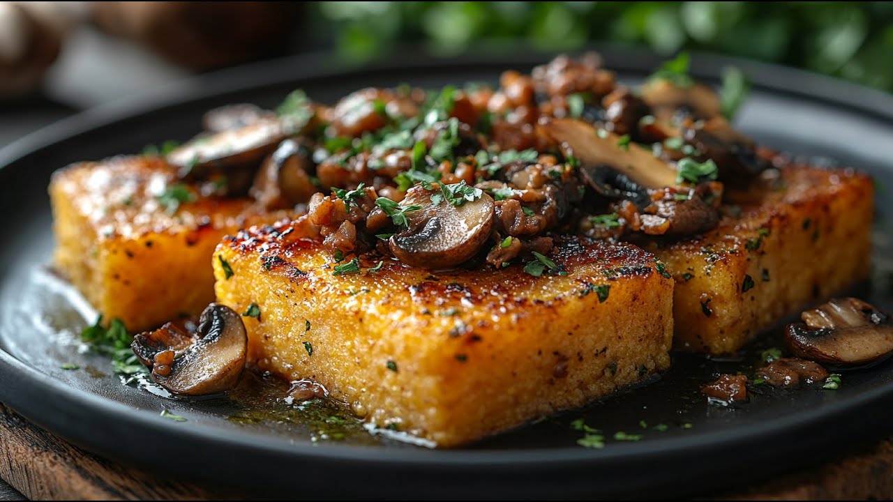 Хрустящие ломтики поленты со сливочным грибным рагу — веганское и очень вкусное блюдо!