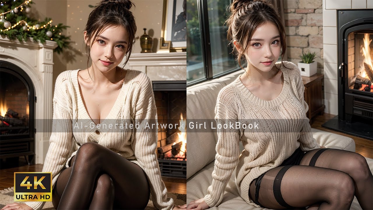 [4K] AI LookBook #26 - Cozy sweater messy bun fireplace scene