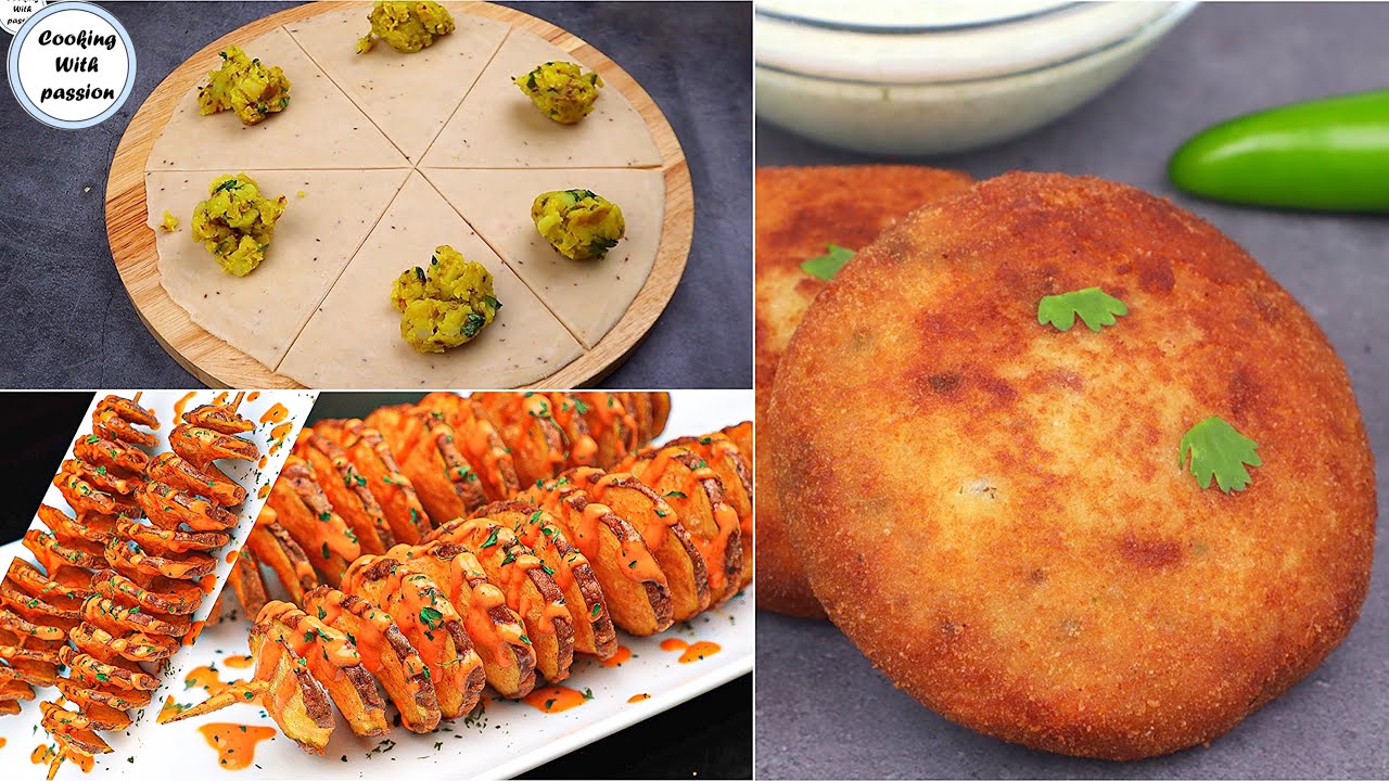 Easy potato snacks 3 recipes by cooking with passion, potato cutlets, aloo samosa, potato tornado