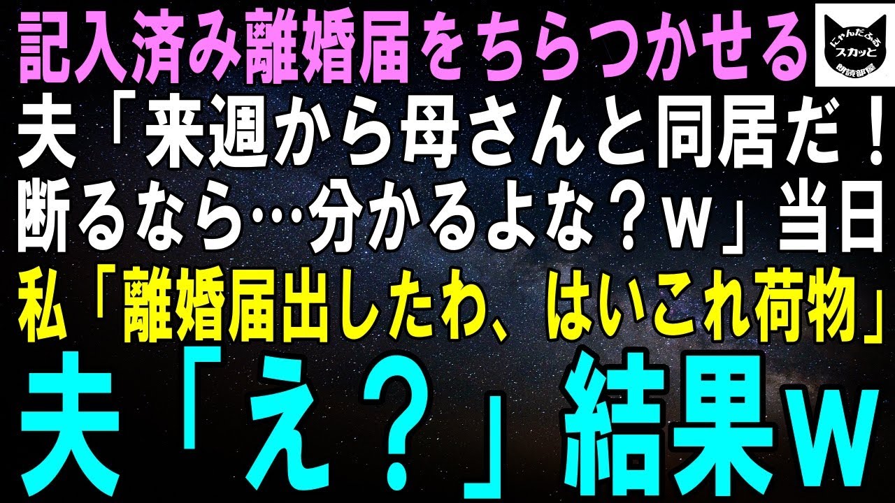 【スカッとする話】記入済み離婚届をちらつかせる夫「来週から母さんと同居だ！断るなら…どうなるか分かるよな？ｗ」当日、私「はいこれ荷物。持って出て行って」夫「え？」実はｗ【修羅場】