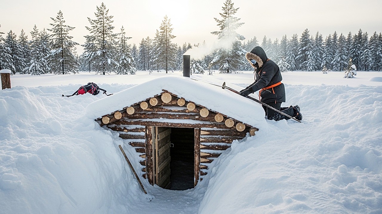 Building an Underground Log Cabin in the Snow – Extreme Winter Survival Shelter