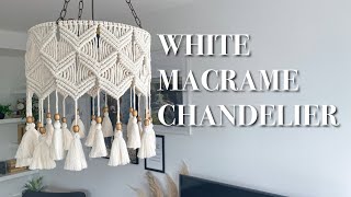 Modern MACRAME CHANDELIER in white with tassels and brass beads