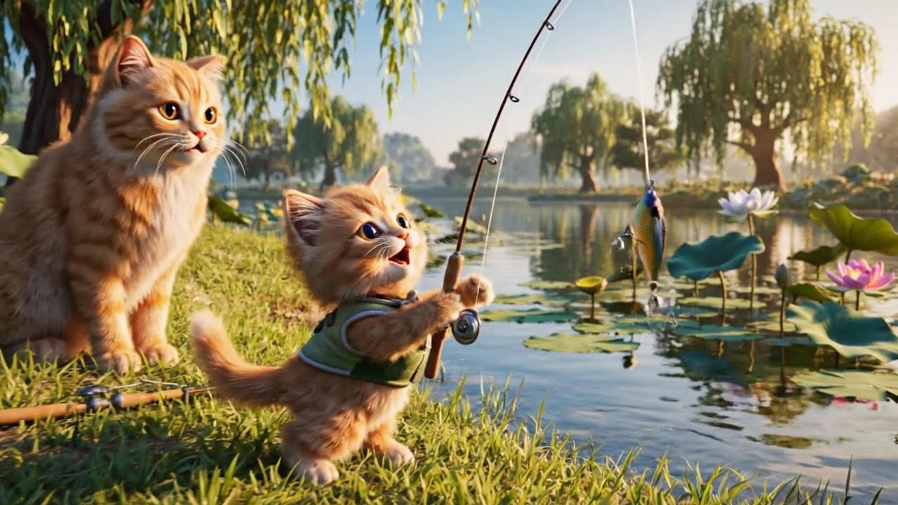 Kitten Catches Fish by the River and Mama Cat Cooks Fish Soup for the Family 🐾🏞️🍲