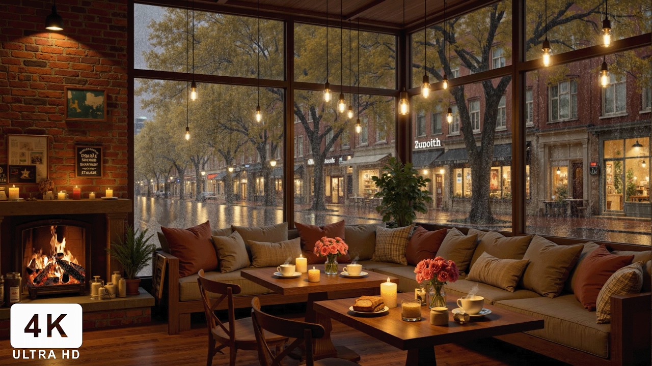 Cozy Rainy Coffee Shop Jazz ☕ Warm Fireplace Ambience and Smooth Piano ...