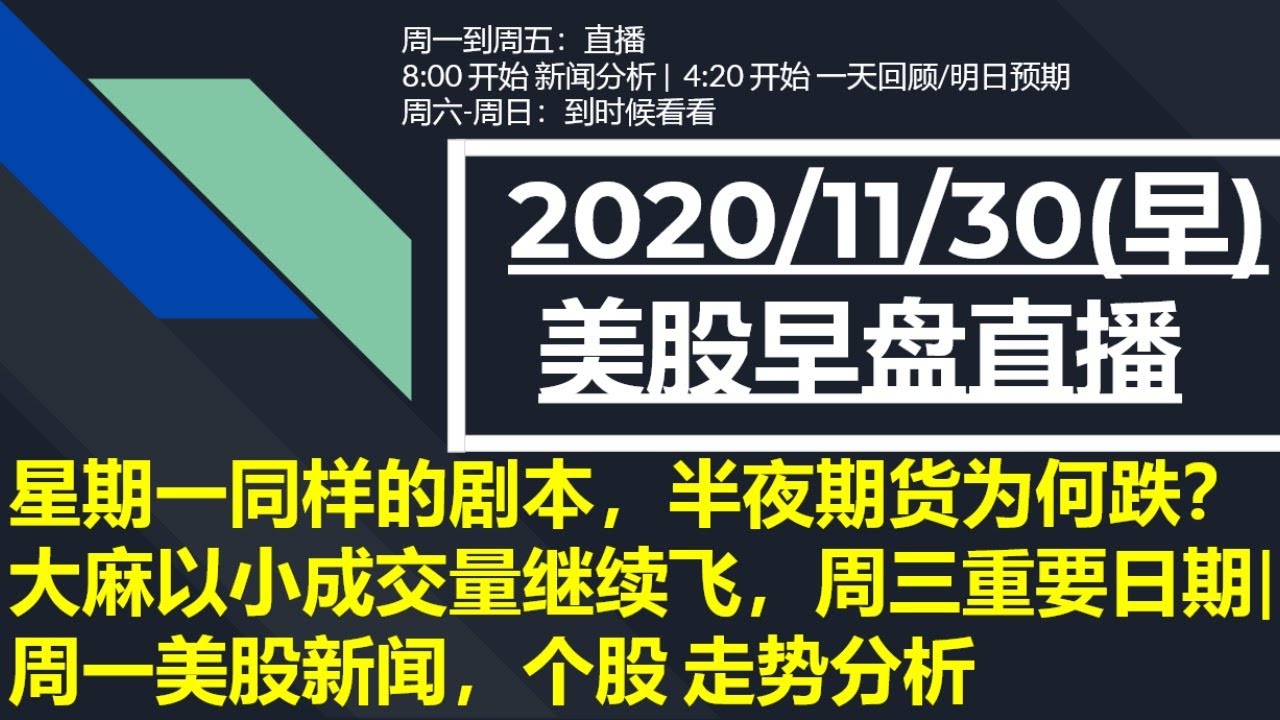 美股直播11/30 (早) 星期一同样的剧本，半夜期货为何跌？ 大麻以小成交量继续飞，周三重要日期| 周一美股新闻，个股 走势分析
