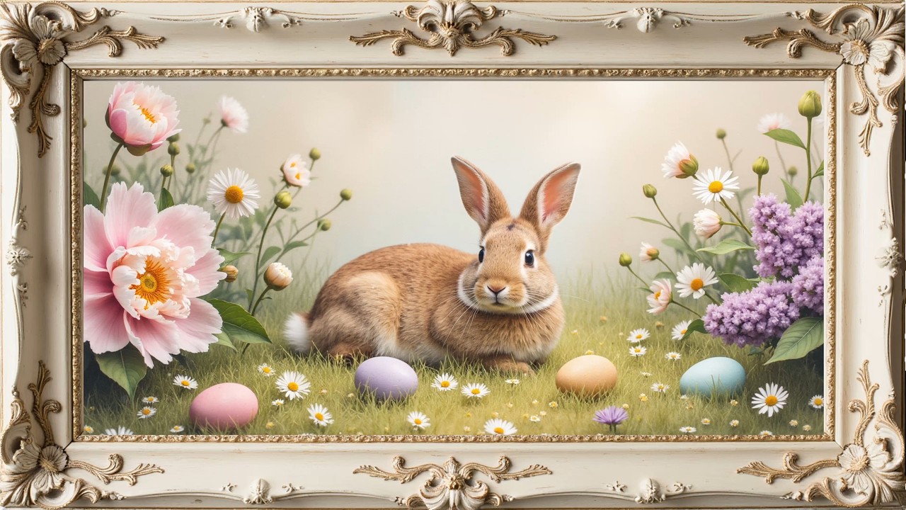 Easter Ambience Rabbit in the Garden Screensaver w/ Easter Eggs, Birds Chirping & Soft Floating Dust