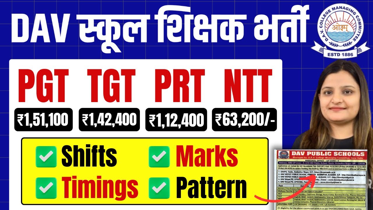 DAV Schools Teachers Recruitment: Shifts, Timings, Marks, Pattern I PGT TGT PRT NTT & Other Posts