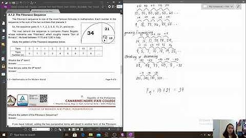 Mathematics in the Modern World - Patterns and Number in Nature and the World; Fibonacci Sequence