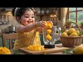A little chubby girl making mango juice