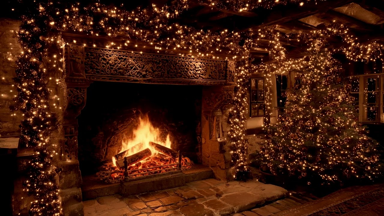 Old Country House Christmas Fireplace | Crackling Fire & Winter Wind | 1 Hour Christmas Ambiance