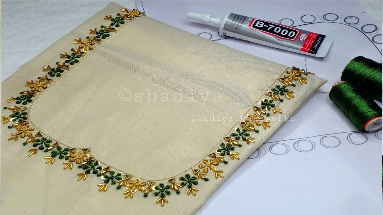 Back neck embroidery with simple beadwork|kerala saree blouse embroidery neck