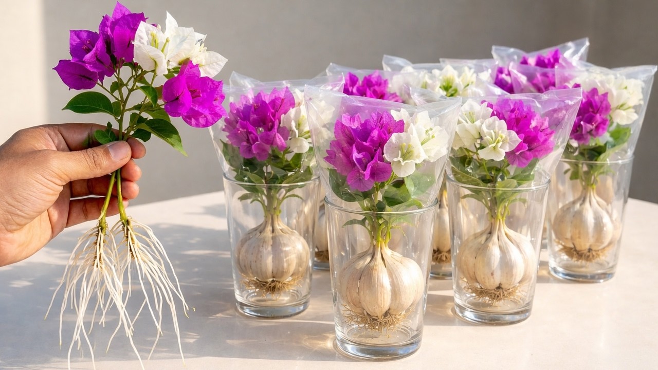 Put Bougainvillea Cuttings in Garlic – A Simple Trick for Strong Root Growth.