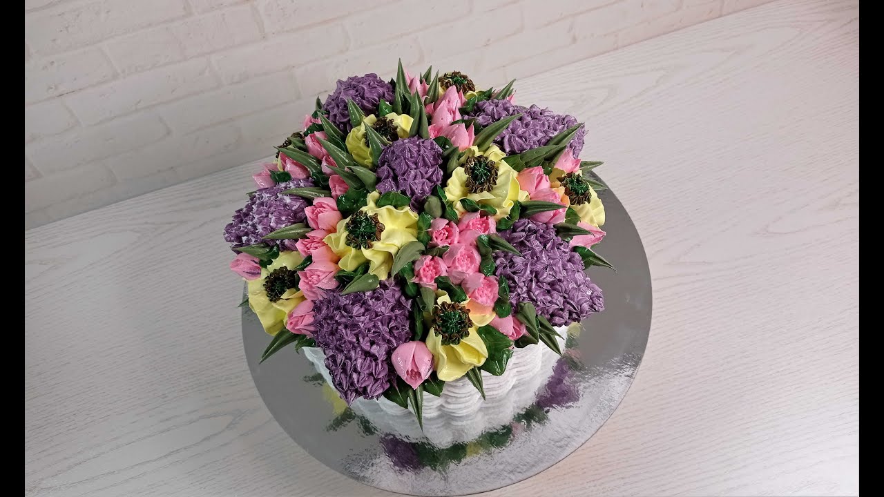 Украшение торта КОРЗИНА с ЦВЕТАМИ за 30 минут!!!! Насадка тюльпан! Украшение белково-заварным кремом