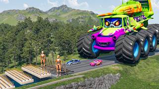 Giant MACK TRUCK VS Cars Lightning McQueen & Police Car & Giant Spikes Downhill Race - Beamng.Drive screenshot 2