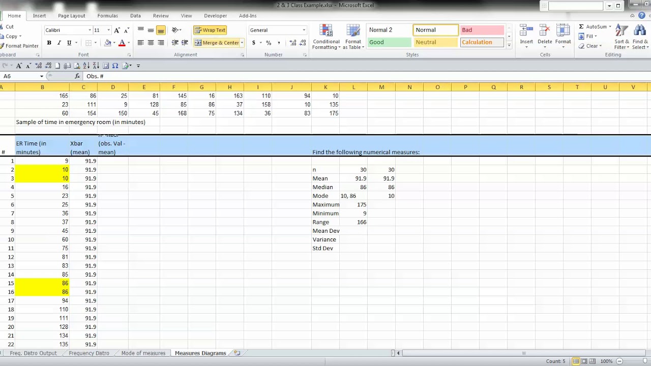 6 Class example numerical measures mean dev) v 2 using Excel - YouTube