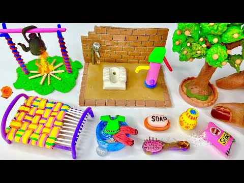 DIY How to make polymer clay miniature Village House, Washroom Set, Kitchen Set, Tree, Charpai