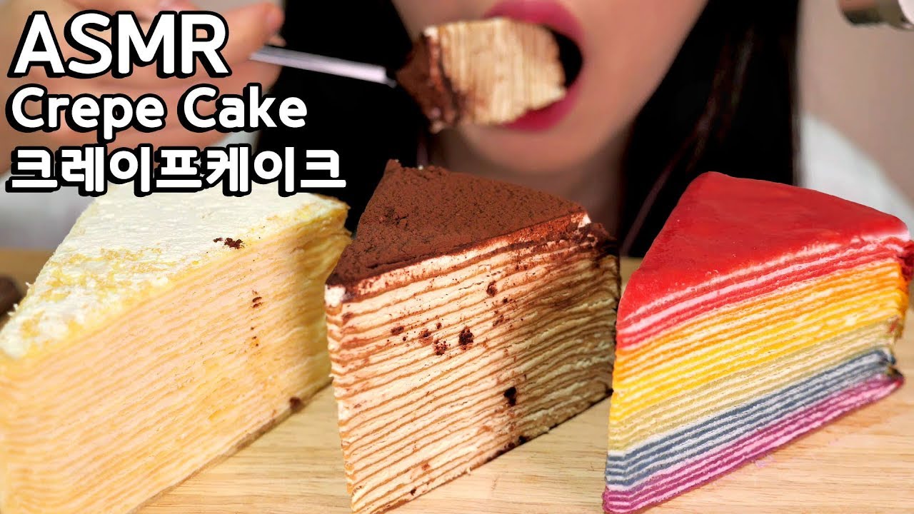 CREPE CAKE ASMR 크레이프 케이크 리얼사운드 먹방 咀嚼音クレープケーキ Rainbow, Milk, Tiramisu Crepe Cake EATING SOUNDS