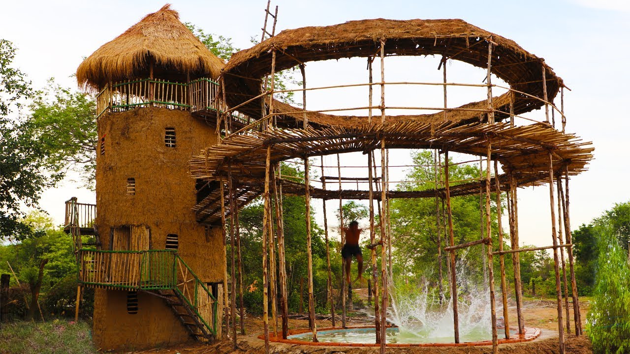 Build five - story mud house with swimming pool and build hut around