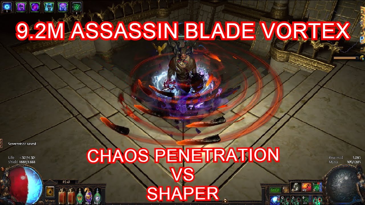 [PATH OF EXILE] 9.2M Dps Assassin Blade Vortex Chaos penetration Vs Shaper (Deathless) PoE 3.10